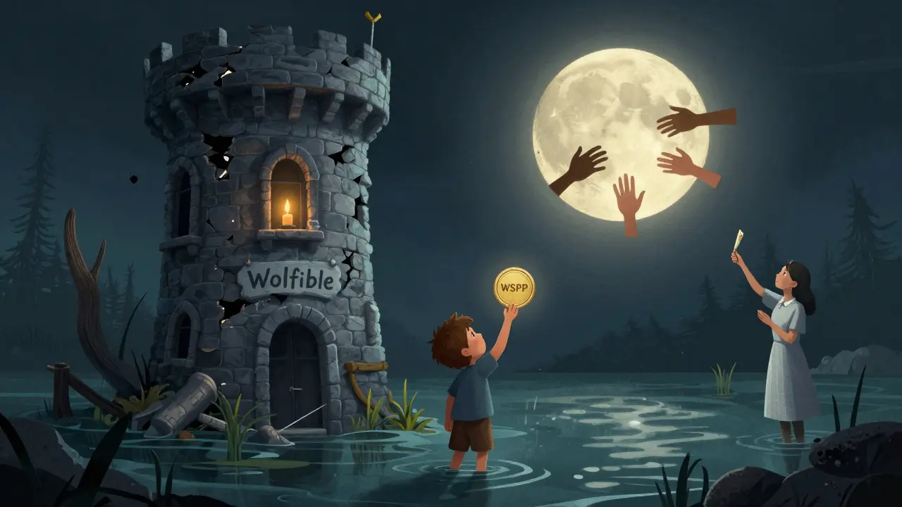 Ein Kind hält einen WSPP-Token zum Mond, der Bilder von Hilfsprojekten auf der ganzen Welt reflektiert — ohne Belege, nur Hoffnung.