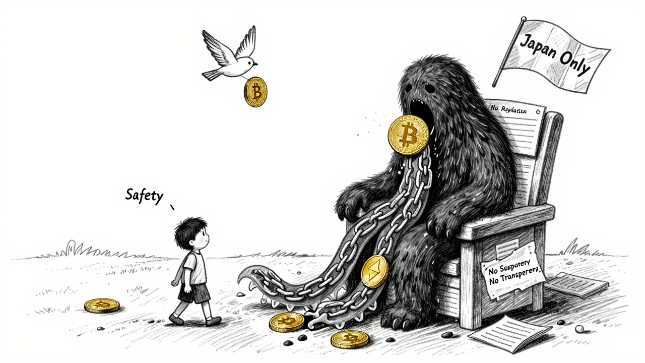 Ein Kinderskizze einer Börse, die von einem unsichtbaren Ungeheuer verschluckt wird, während ein Vogel mit Sicherheit fliegt.