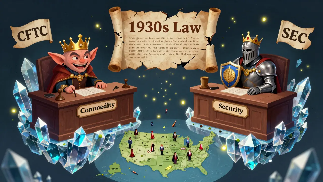 Ein magischer Gerichtssaal, in dem Kryptowährungen als Kommodität oder Wertpapier verurteilt werden.