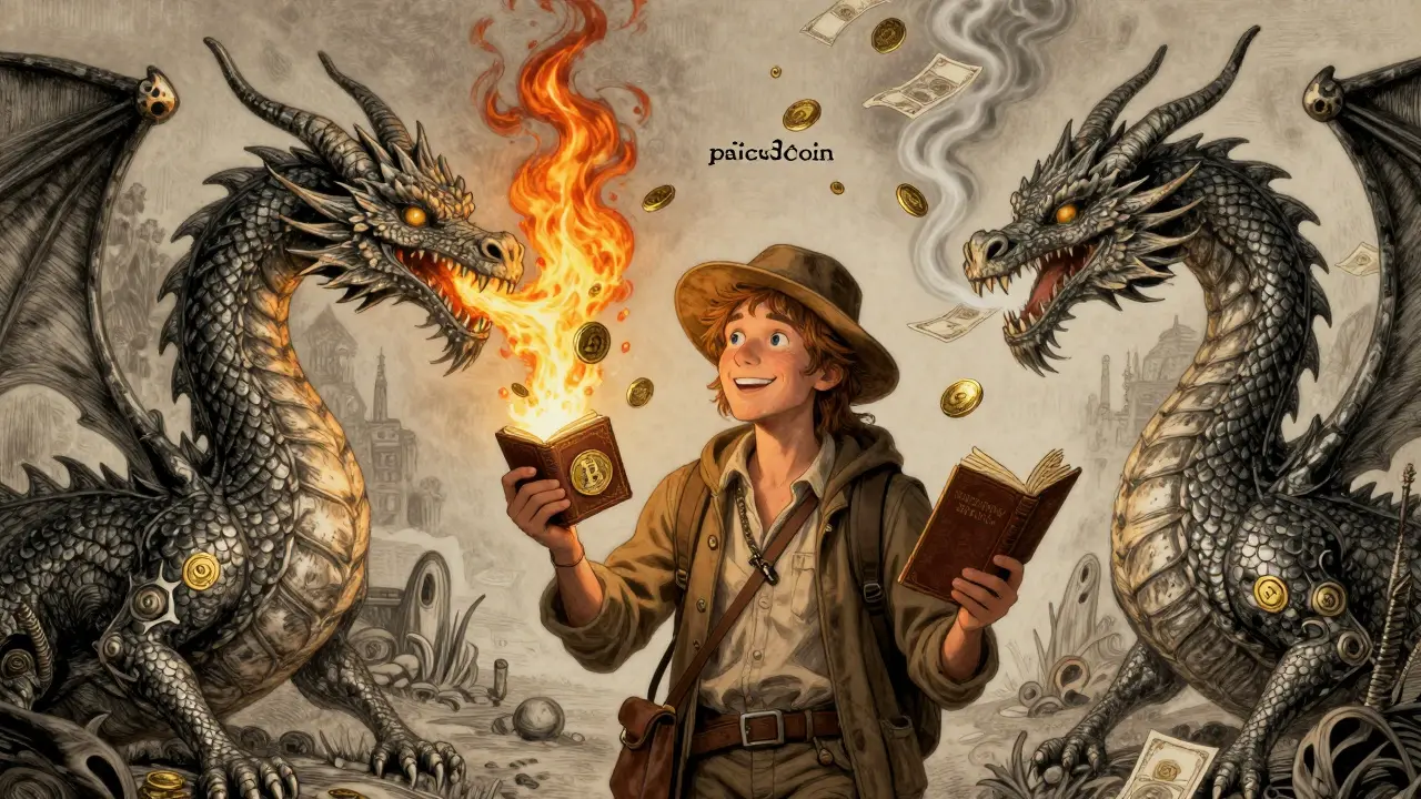 Ein Reisender hält eine Crypto-Brieftasche und ein altes Bankbuch, vor einem zweiköpfigen Drachen mit den Namen Binance und SpectroCoin.