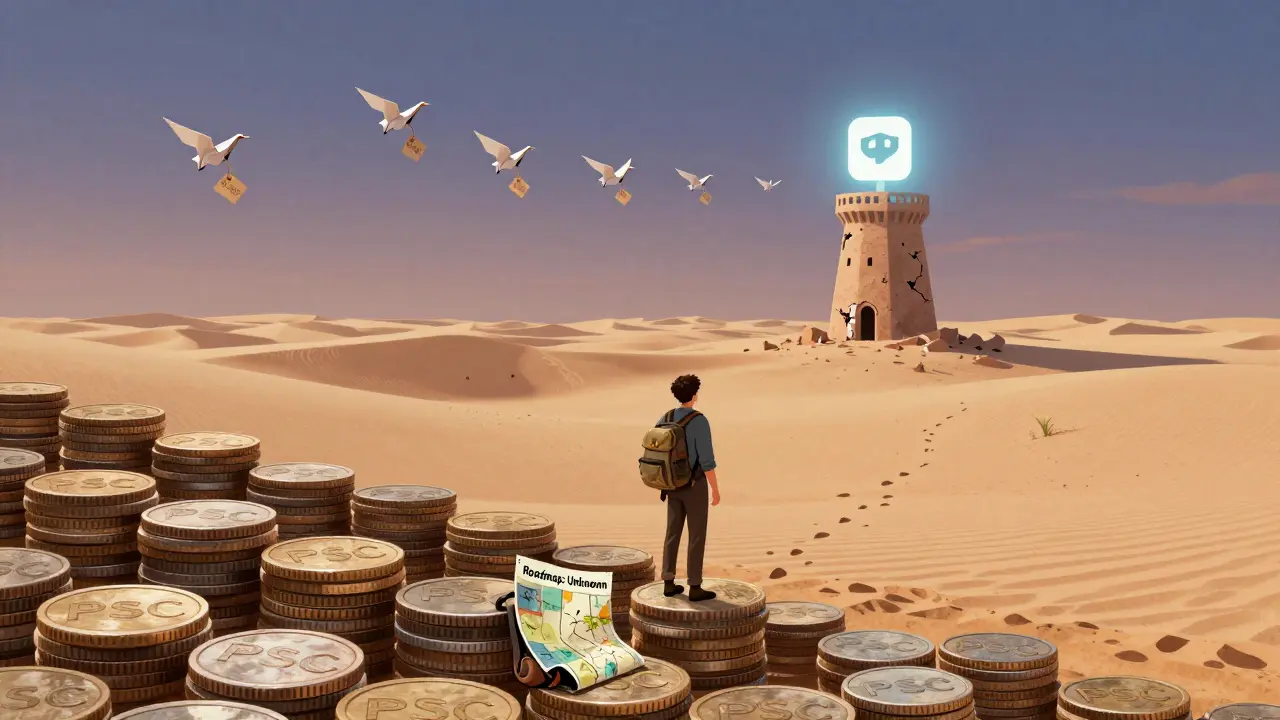 Ein Reisender in einer Wüste aus Münzen, vor einem verfallenen Turm mit einem inaktiven App-Symbol, während Papierkraniche in den Himmel fliegen.