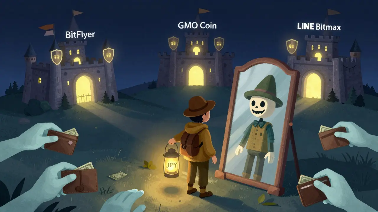 Ein Reisender vor einem Spiegel, der ihn als Puppe zeigt, während sich andere Opfer in Schatten verlieren.