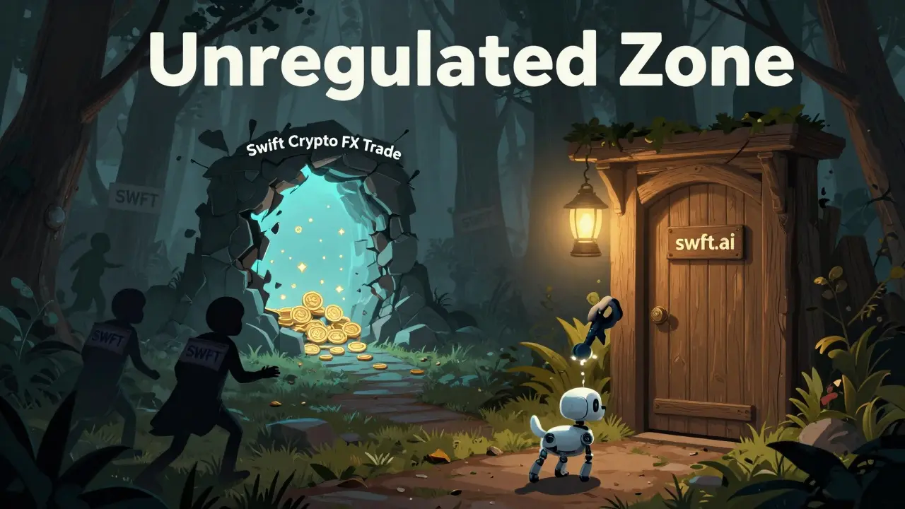 Ein sicheres Portal mit swft.ai-Logo wird von einem Roboterhund bewacht, während betrügerische Portale in Dunkelheit versinken.