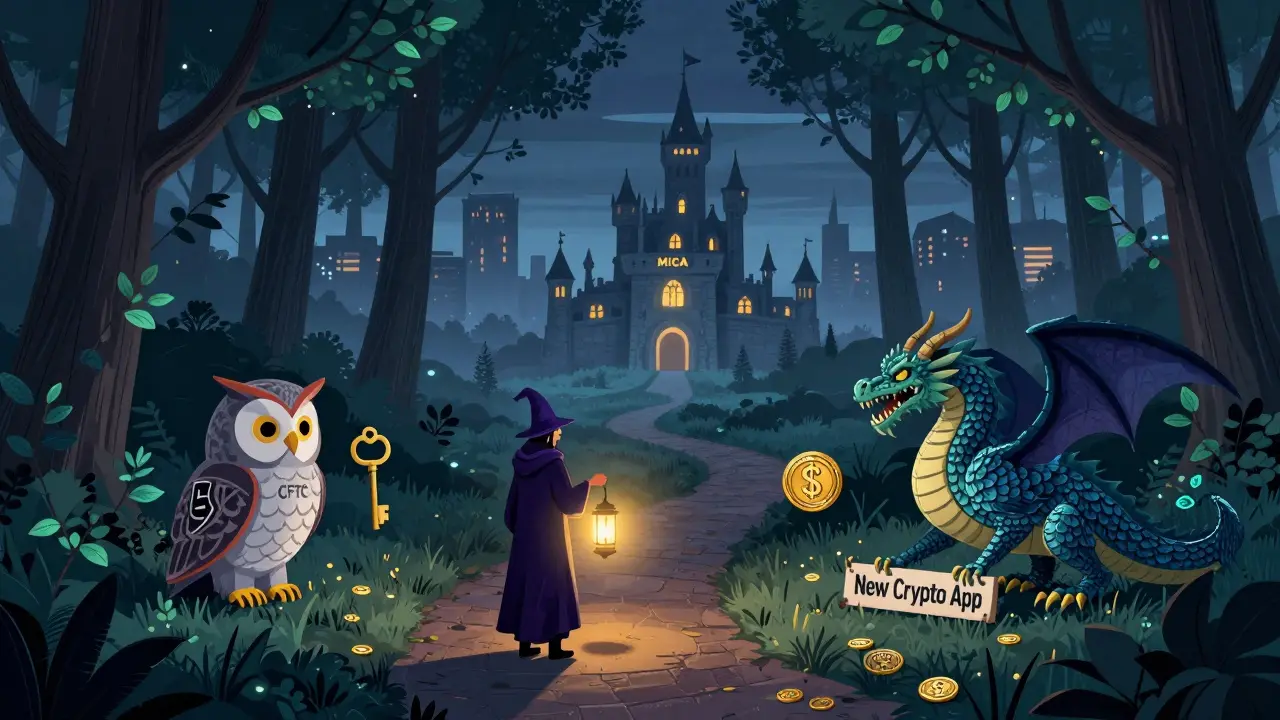 Ein Startup-Magier versucht, eine neue App zu starten, während zwei Wegweiser aus unterschiedlichen Regulierungen ihn blockieren.