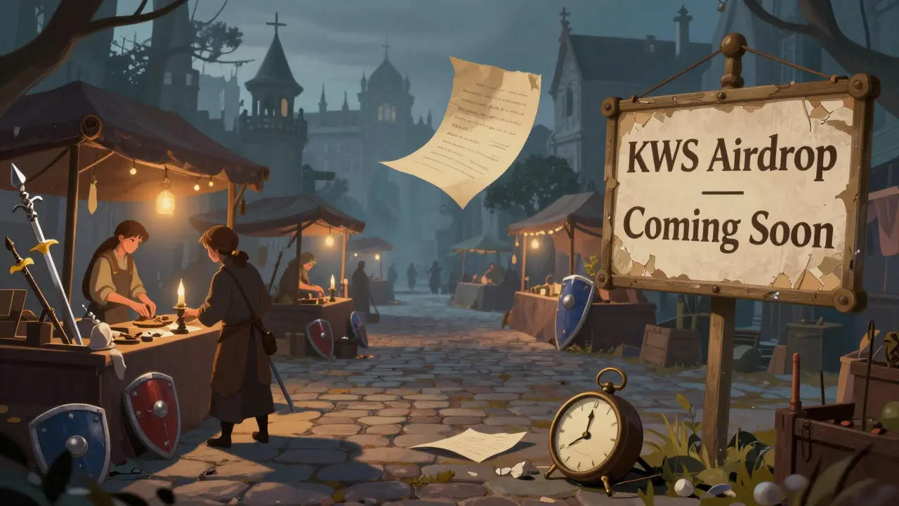 Ein verlassener Markt mit leeren Ständen und einem verblassten Schild, der einen angeblichen Airdrop verspricht, während eine zerbrochene Uhr auf dem Boden liegt.