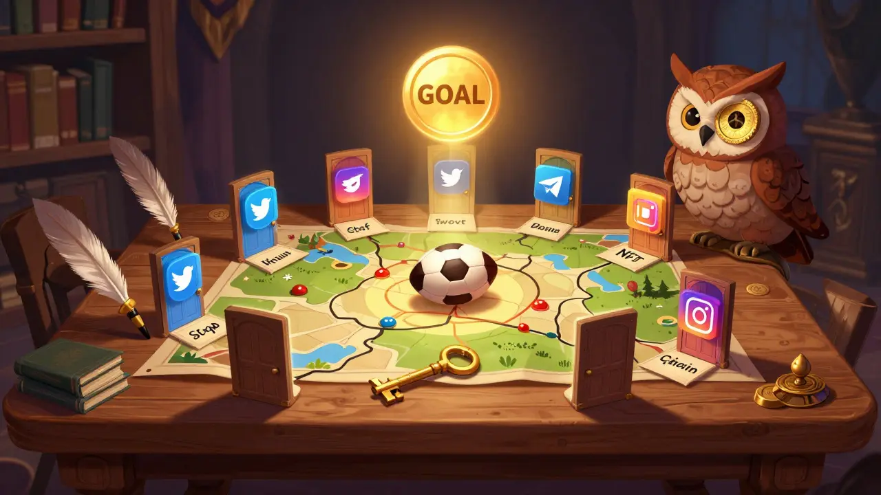 Ein Zauberer-Bibliothekstisch mit einem leuchtenden GOAL-Token und kleinen Türen, die soziale Medien darstellen.