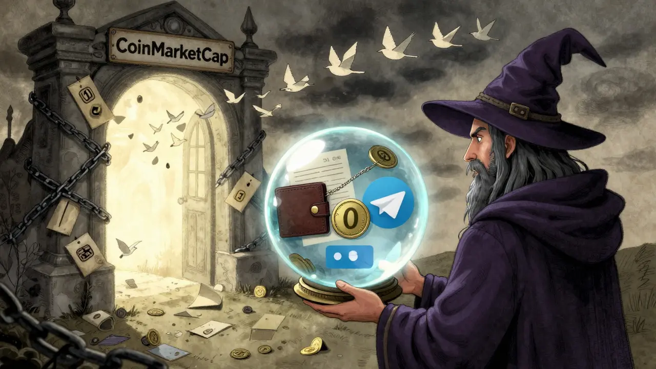 Ein Zauberer blickt in eine Kristallkugel, die falsche Versprechen zeigt, während ein versiegeltes Portal mit Ketten gefesselt ist und verlorene Token-Vögel davonfliegen.