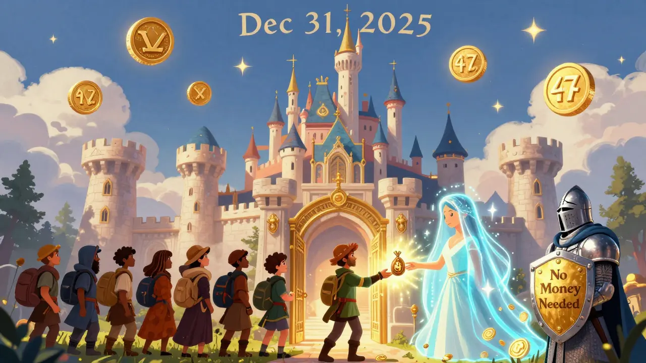 Eine Burg aus Smart Contracts, wo Abenteurer WMX-Token gegen eine strahlende Energie tauschen, bewacht von einem Ritter mit dem Schild 'Kein Geld nötig'.