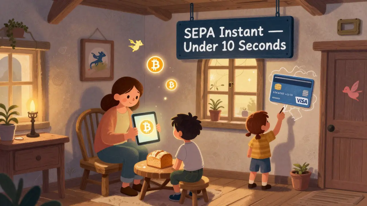 Eine Familie bezahlt mit Bitcoin für Brot in einem gemütlichen europäischen Wohnzimmer, während eine VISA-Karte an der Wand gezeichnet wird.