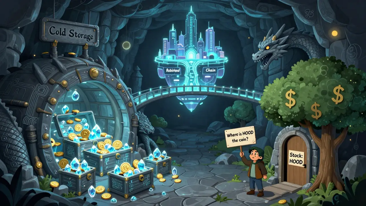 Eine geheime Kryptospeicherhöhle mit Drachen, hinter einer Tür steht 'HOOD - Aktie', während eine futuristische Blockchain-Brücke im Hintergrund schwebt.