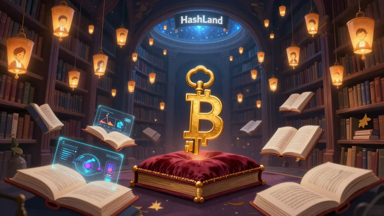 Eine geheimnisvolle Bibliothek mit schwebenden Büchern, die Hash-Raten und NFTs zeigen, während 1.000 Laternen nach oben steigen.