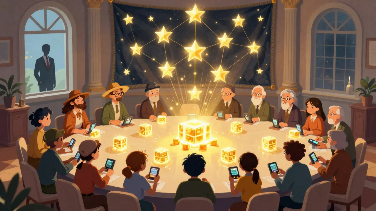 Eine Gemeinschaft von Menschen um einen leuchtenden Tisch aus Blockchain-Blöcken, die gemeinsam die dezentrale Zukunft gestalten.