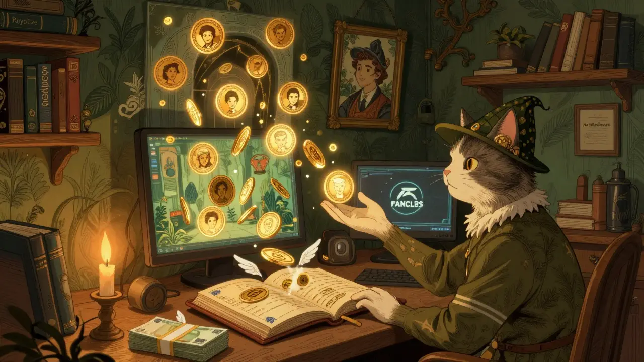 Eine Illustratorin erhält kryptografische Münzen aus einem Portal, die sich in Euro verwandeln, während eine Katze mit Krypto-Hut daneben sitzt.