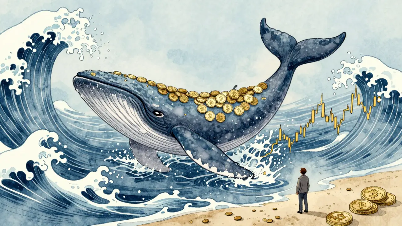 Eine mythologische Wal in einem Meer aus Kryptosymbolen, Wellen als Kursdiagramme, kleine Figur am Ufer.