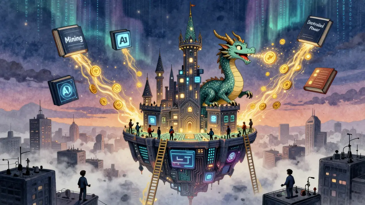 Eine schwebende Burg aus Circuit Boards, die von Spielern mit Rechenkraft gespeist wird, während GHX-Token wie Münzen regnen.