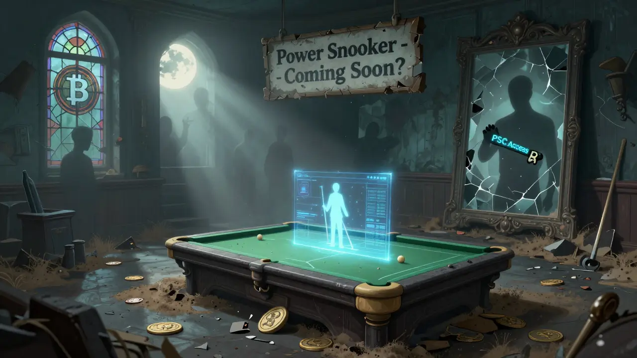 Eine verlassene digitale Arena mit einem flackernden Hologramm und zerbrochenen Token, während ein geheimnisvoller Schlüssel auf dem Boden liegt.