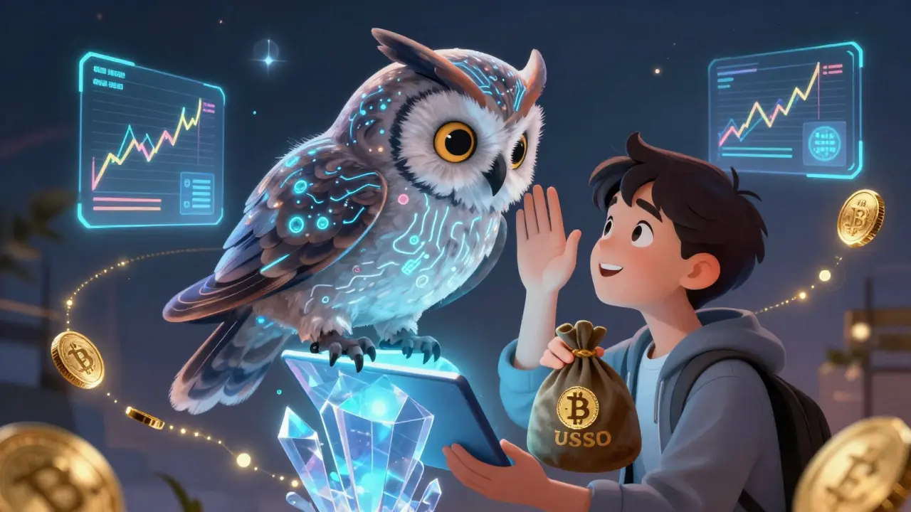 Eine weise, mechanische Eule gibt KI-gestützte Handelsempfehlungen an einen Nutzer in einer fabelhaften Krypto-Welt.