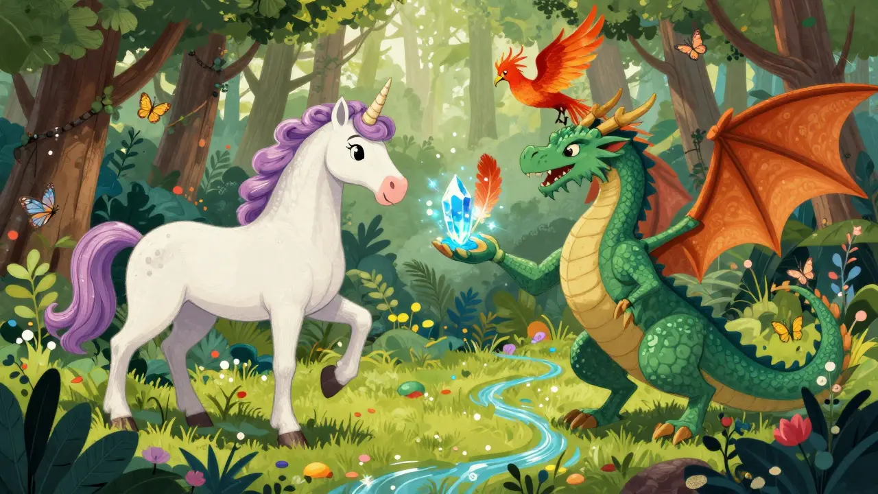 Kreaturen tauschen magische Gegenstände direkt im Wald, ohne Vermittler unter leuchtendem Mond.