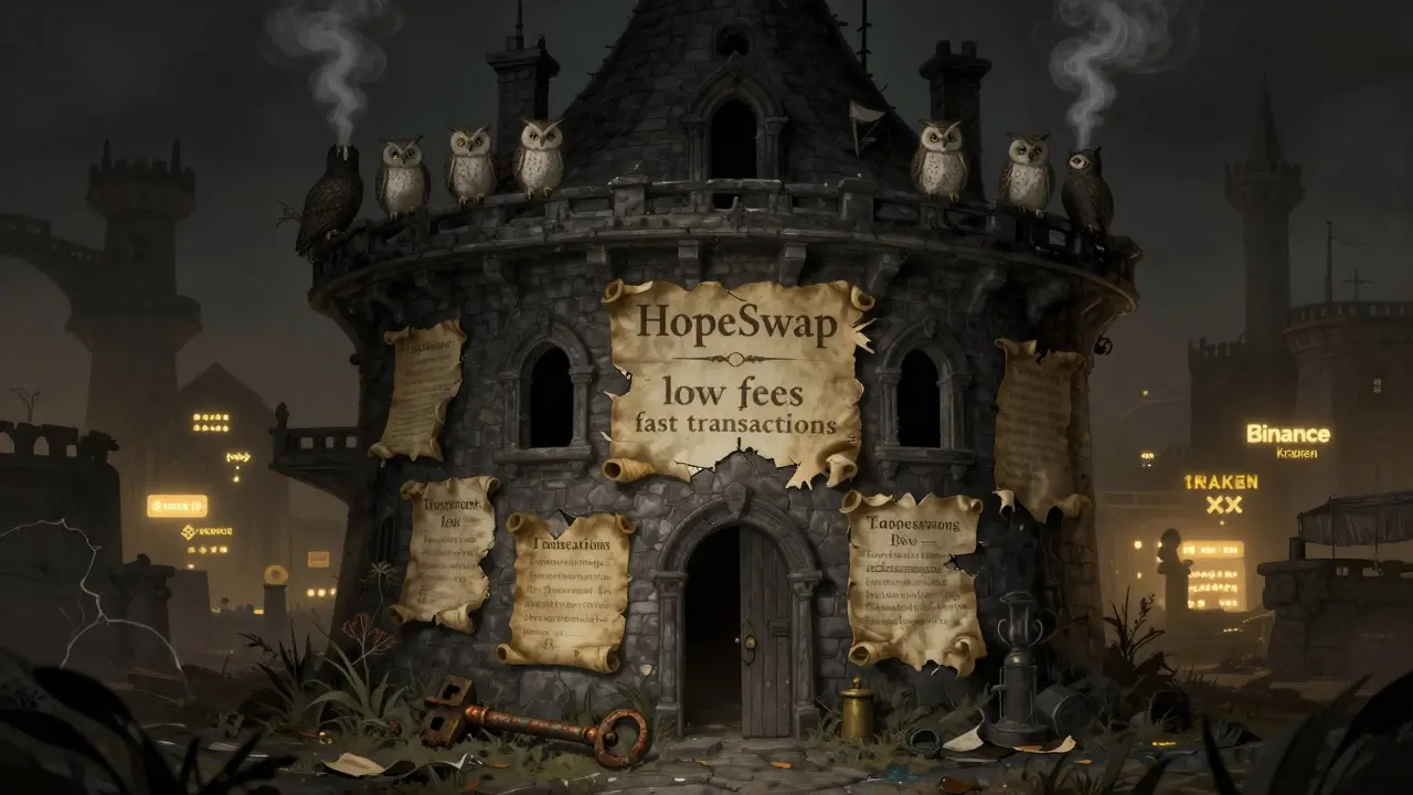 Leere, verfallene Burg mit Schildern 'HopeSwap' und einem verlorenen Schlüssel vor der Tür.