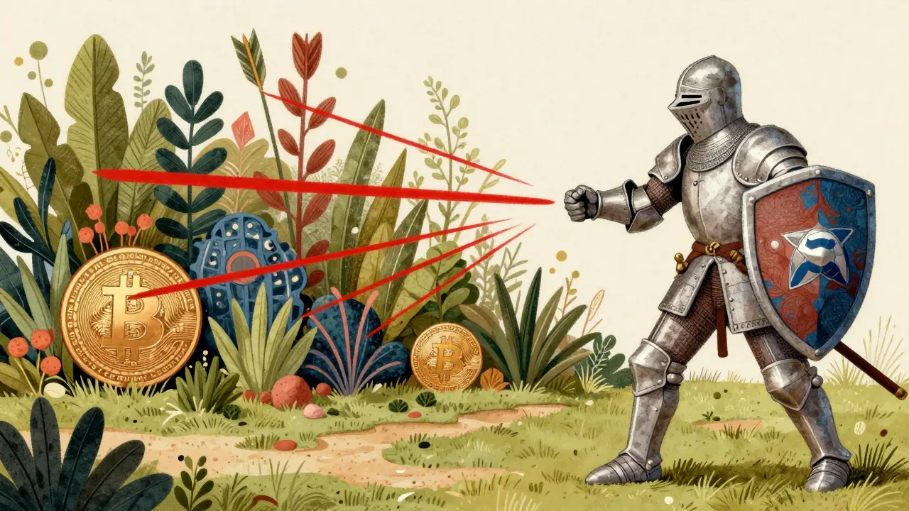 Ritter mit Stop-Loss-Schild, schützt vor Risiko-Pfeilen, Garten mit diversifizierten Kryptos.