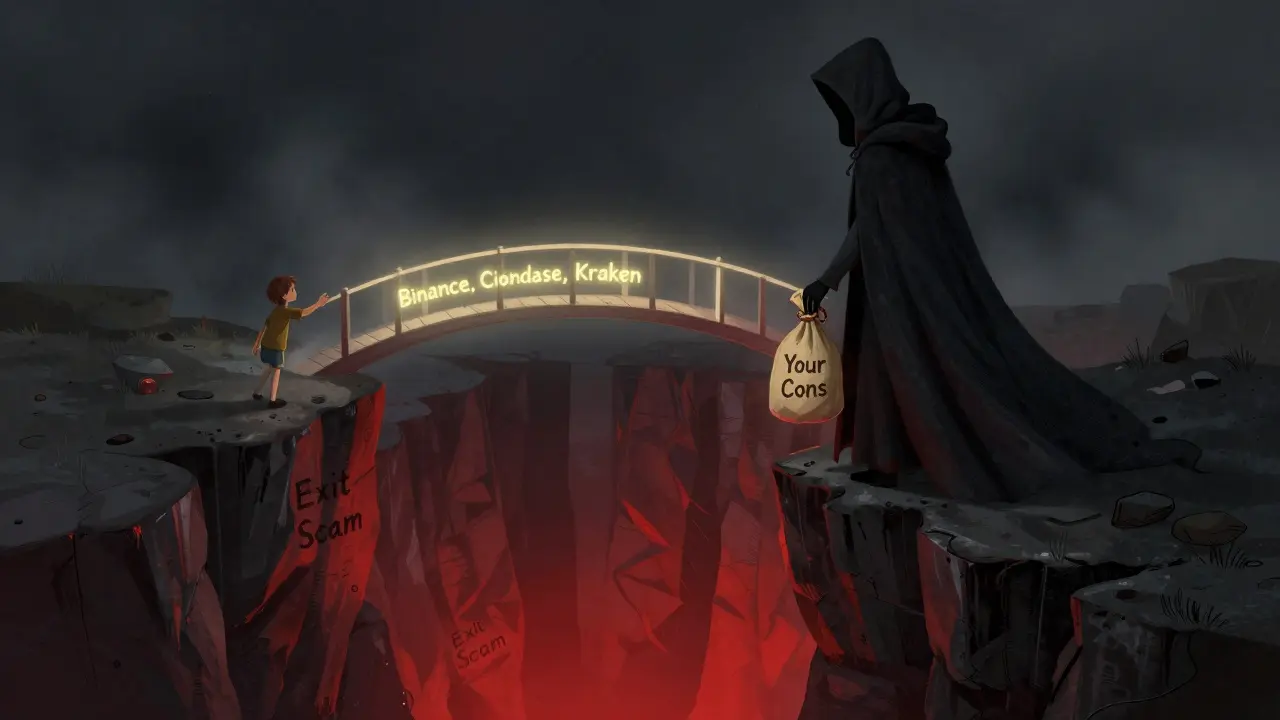 Schattenfigur hält Geldbeutel über einem Abgrund, während ein Kind auf eine sichere Brücke zugeht.