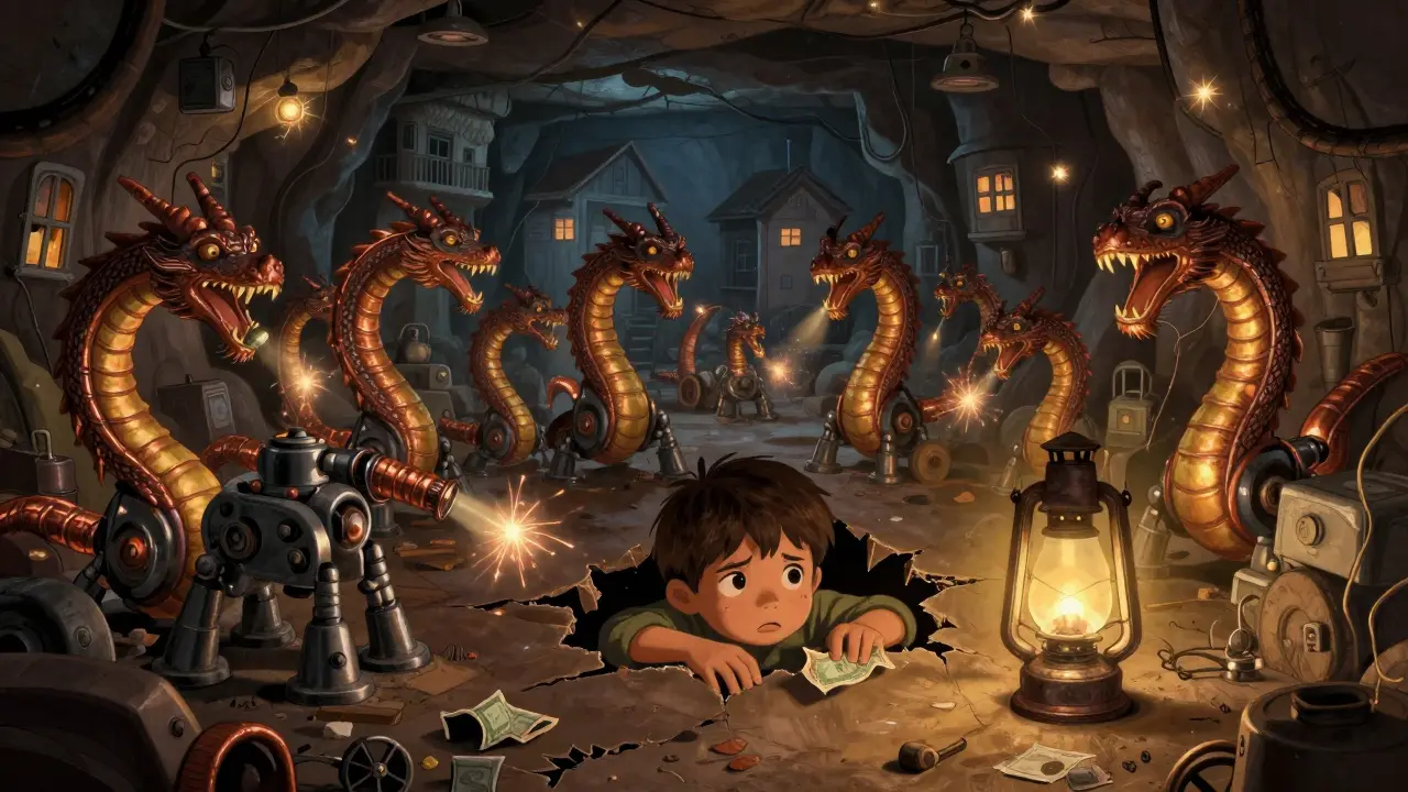 Versteckte Mining-Rigs in einem Keller, die wie Drachen glühen, während ein Kind durch den Boden späht und Stromausfälle drohen.
