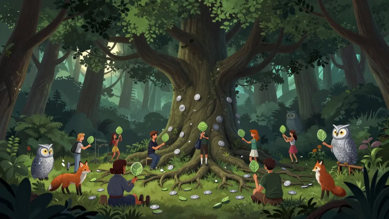 Wald-Marktplatz mit Tieren als Händlern für Münzen