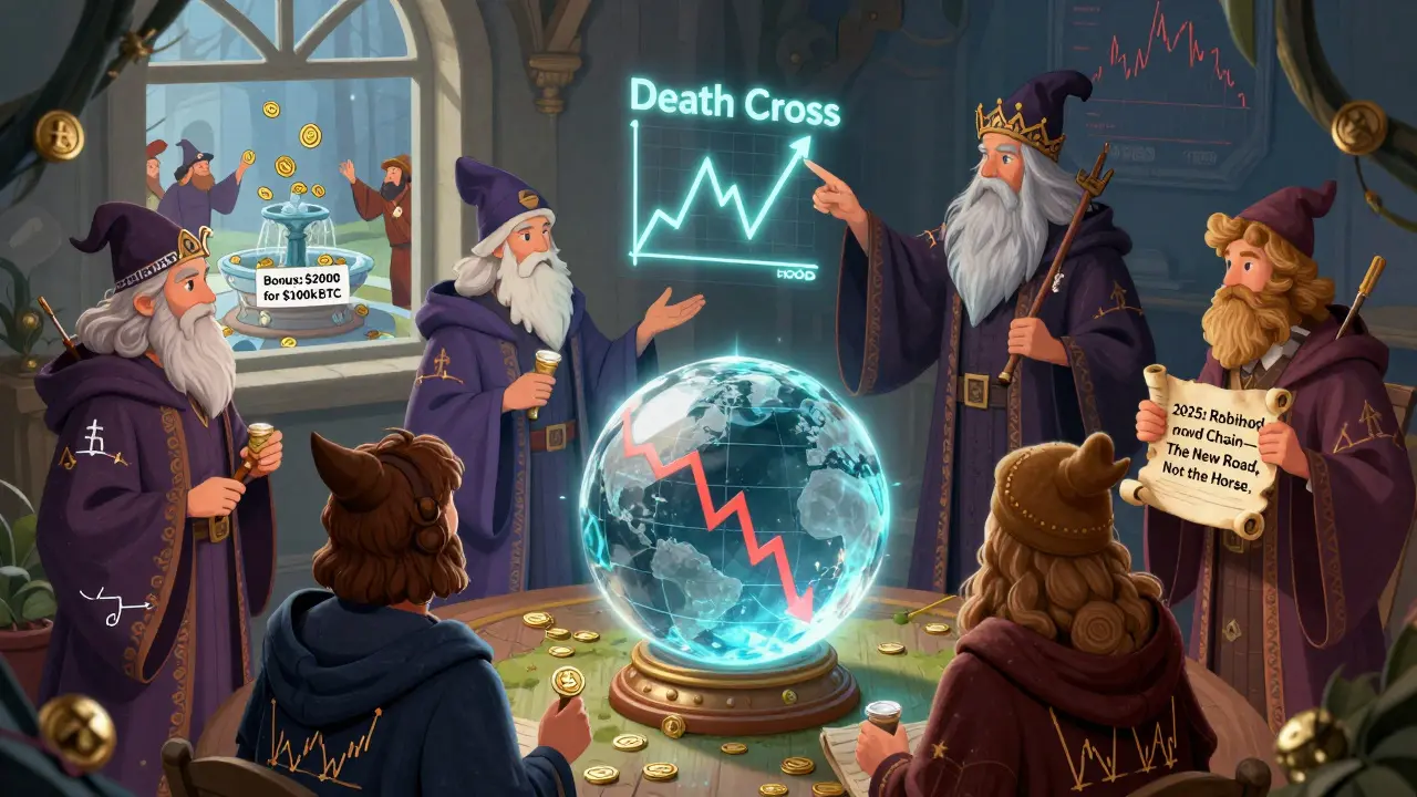 Weise in Roben betrachten einen fallenden Aktienkurs, während eine neue Blockchain-Infrastruktur als neuer Weg statt als Münze dargestellt wird.