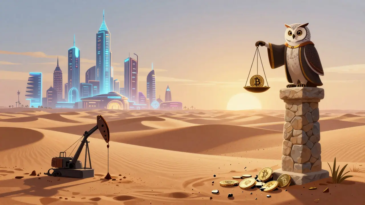 Wüstenlandschaft mit aufstrebenden Blockchain-Türmen auf einer Seite und zerbrochenen Kryptowährungen in der Wüste auf der anderen, von einer Eule bewacht.