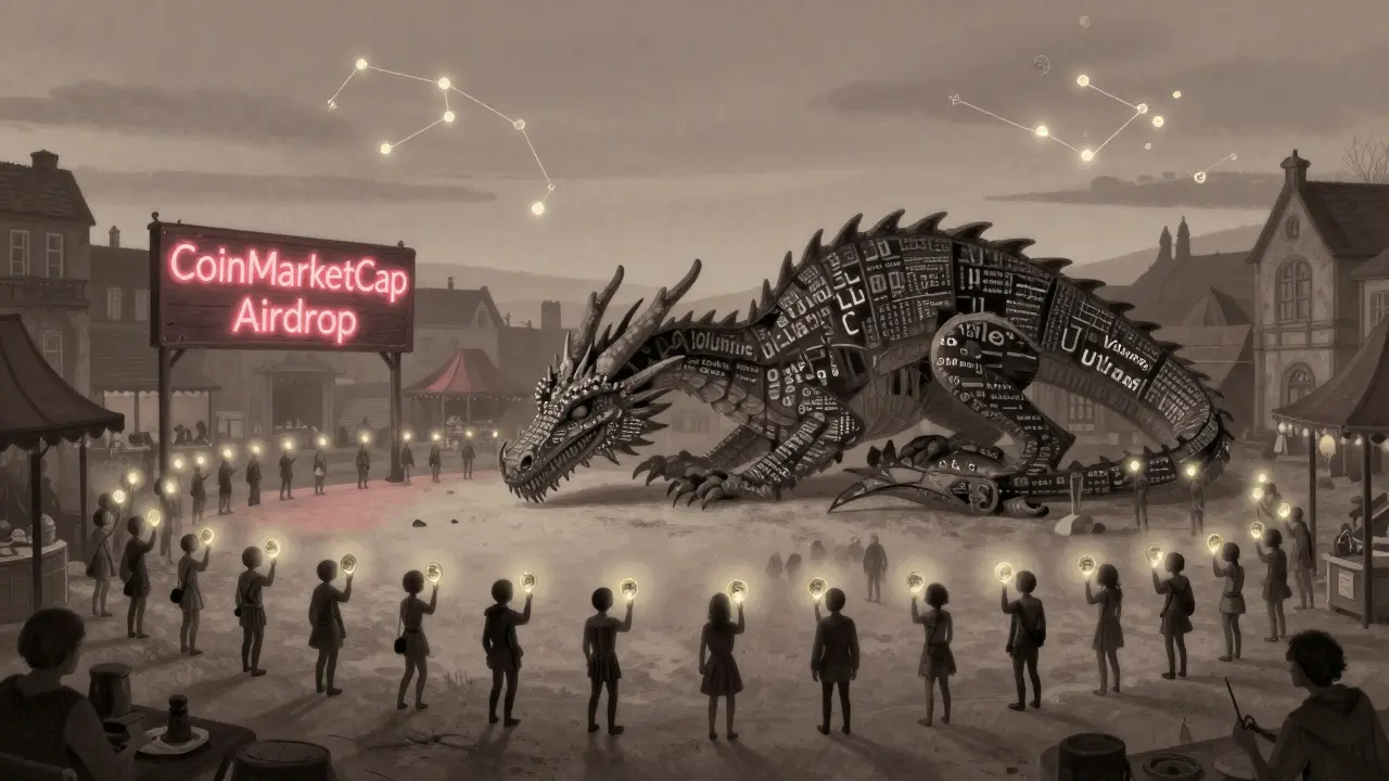 2.000 winzige Figuren in einer leeren Markthalle unter einem blinkenden Schild, jeder hält einen leuchtenden, wertlosen Token.