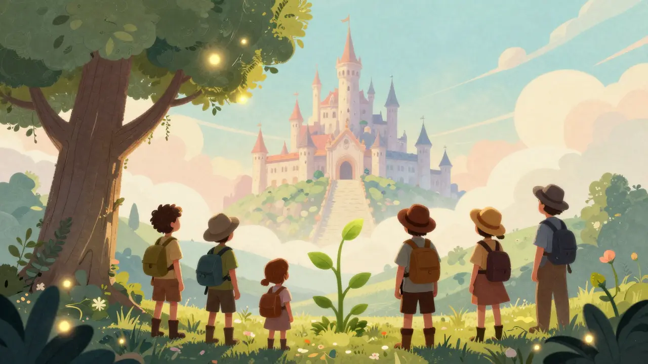 Abenteurer blicken auf leuchtende Zukunft und wachsenden Baum.