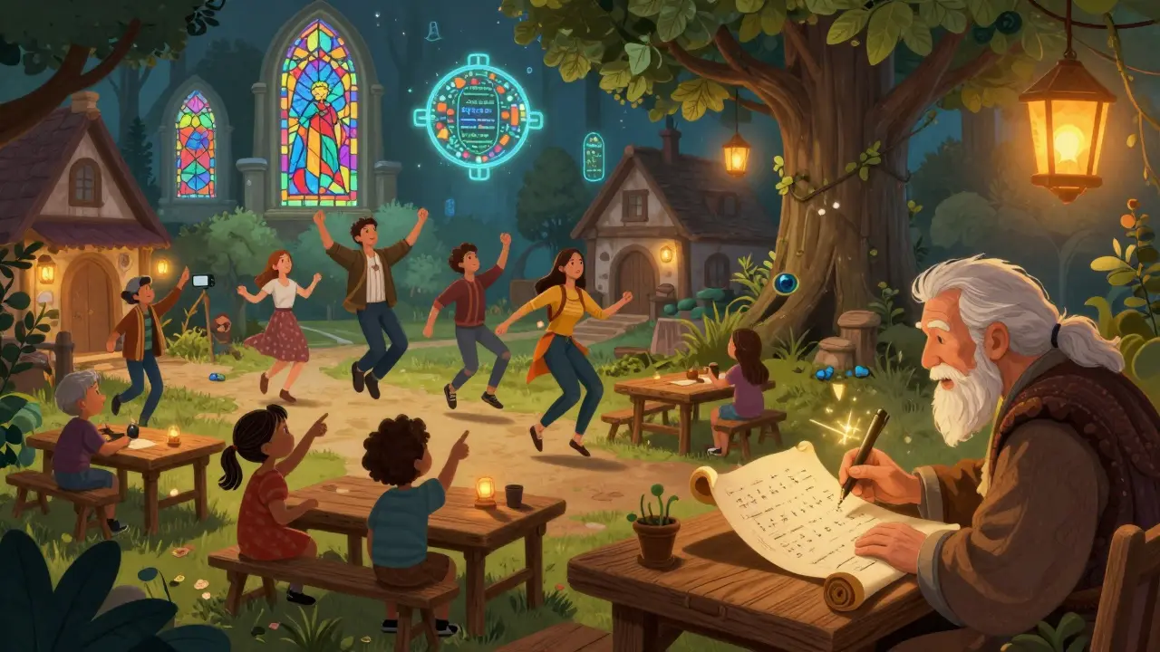 Digitale Avatare tanzen in einer Gemeinschaft, während ein Weiser Punkte auf einer Pergamentrolle notiert.