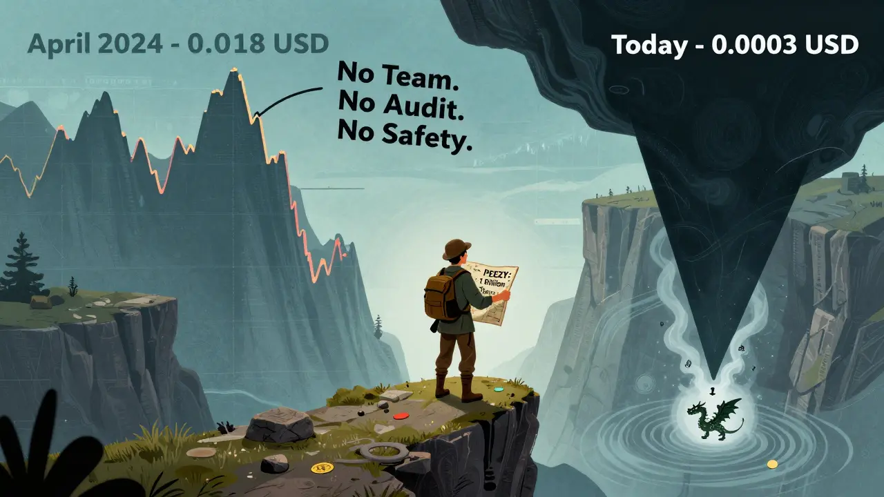 Ein Abenteurer steht an einer Klippe mit einem Preisdiagramm, das von einem Höchststand in einen dunklen Absturz führt.