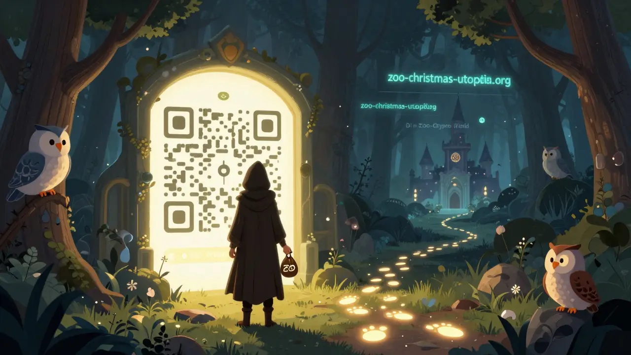 Ein Abenteurer vor einem QR-Code-Portal, von Wallet-Owls beobachtet, während falsche Webseiten im Hintergrund schattenhaft flackern.