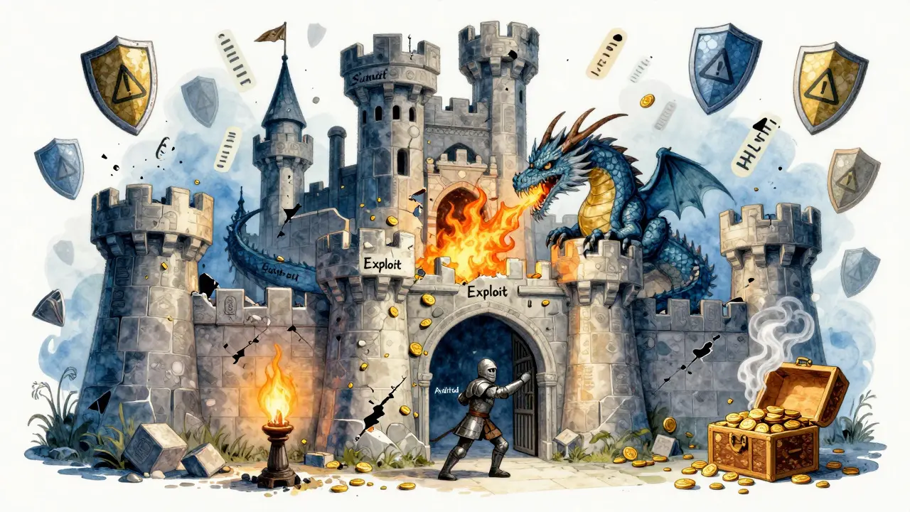 Ein Blockchain-Schloss wird von einem Drachen ausgenutzt, während ein Ritter versucht, Geld zu schützen.