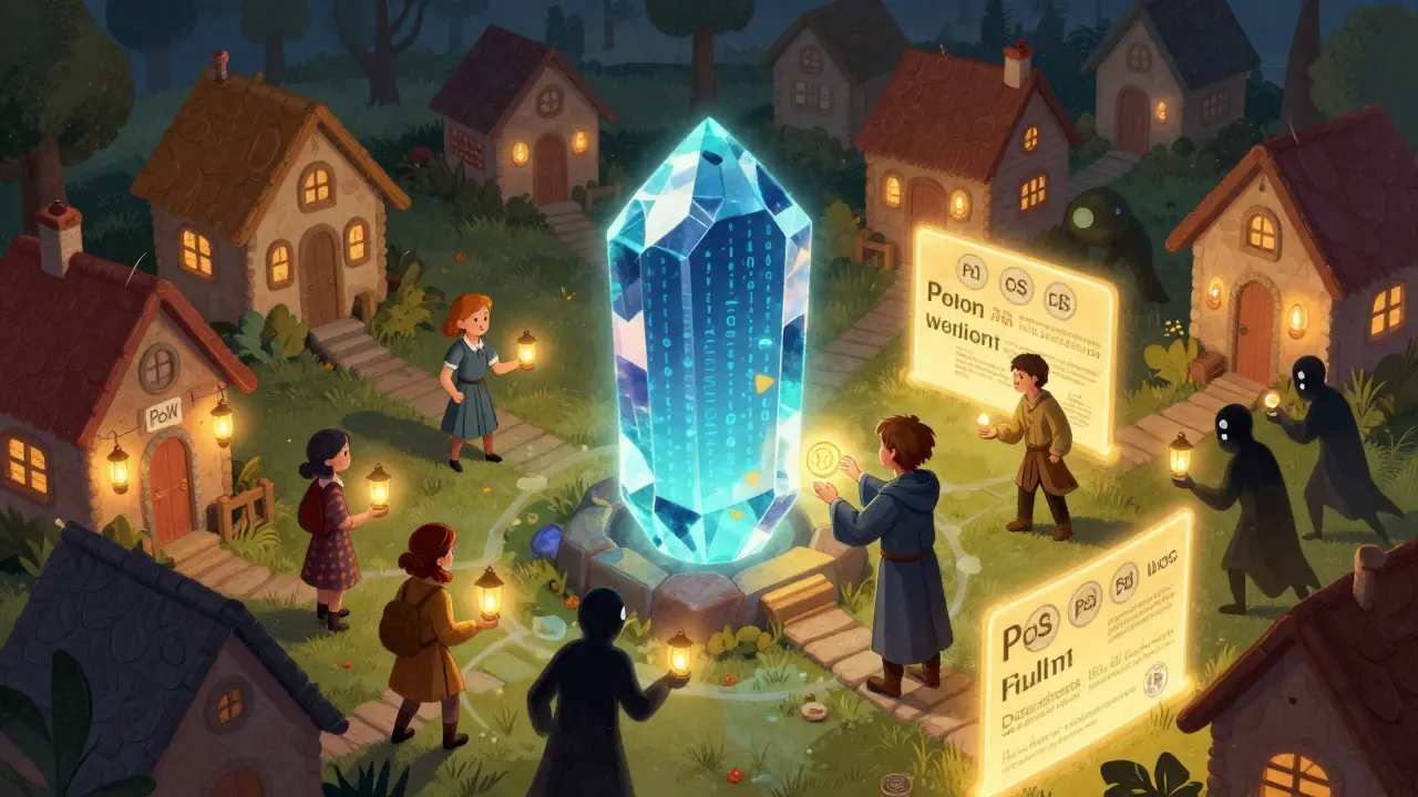 Ein Dorf mit Blockchain-Knoten als Häusern, Bewohner bestätigen Transaktionen an einem kristallenen Hauptbuch, Angriffe werden durch demokratische Schutzbarrieren abgewehrt.