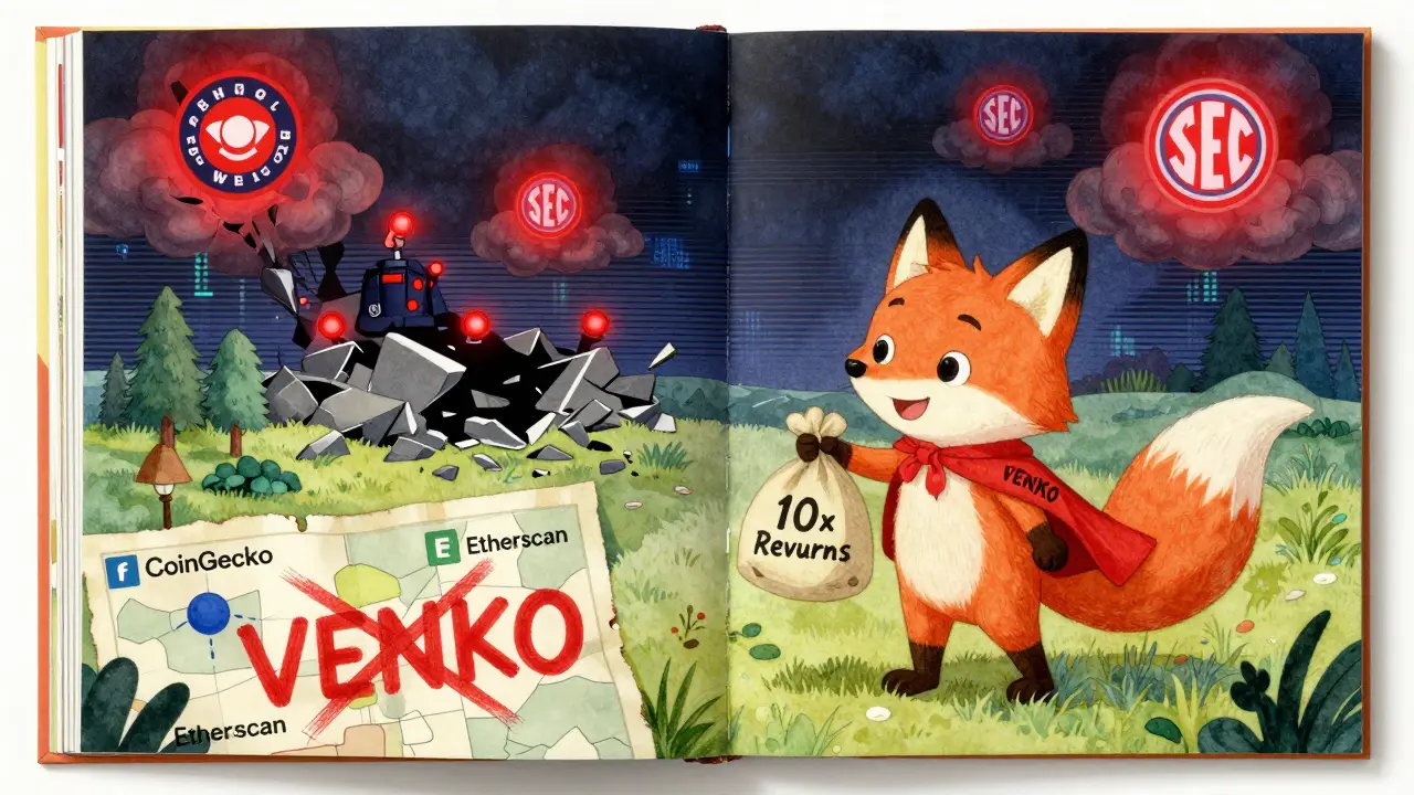 Ein falsches Märchen: Ein Fuchs verspricht Reichtum, während hinter ihm die Welt in digitalen Staub zerfällt.