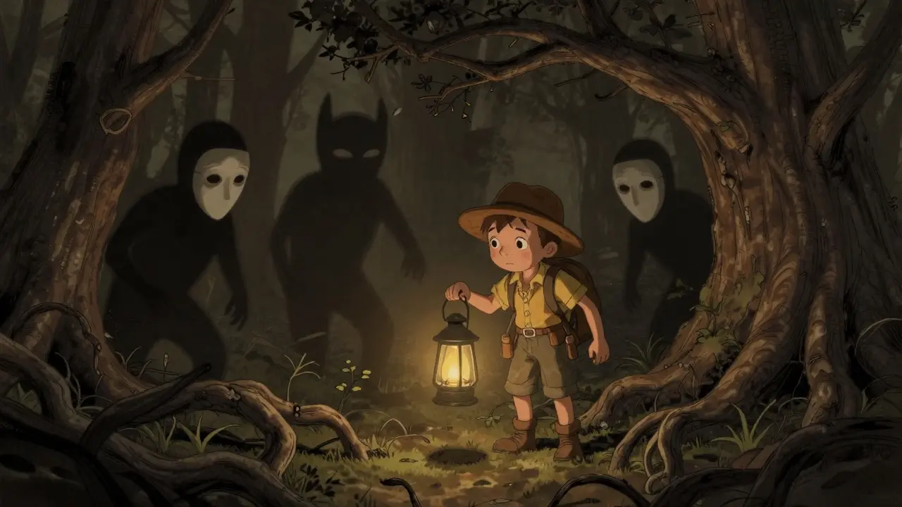 Ein Forscher hält eine Laterne, während maskierte Schatten lauern.