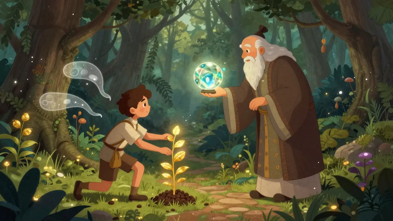 Ein junger Händler lernt von einem weisen Meister im magischen Wald durch Kopieren.