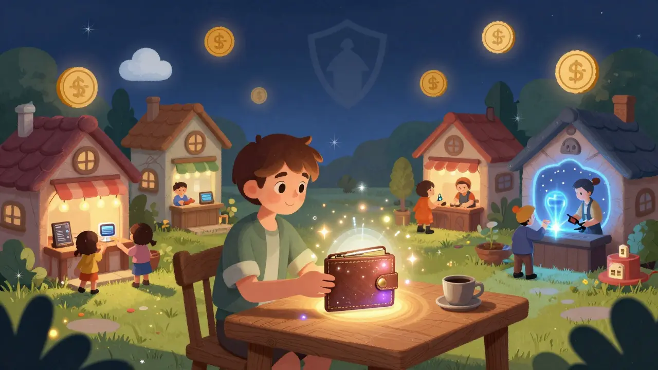 Ein junger Held verbindet ein Wallet mit einem Portal, während kleine Geschäfte SNE-Token als Zahlungsmittel akzeptieren.