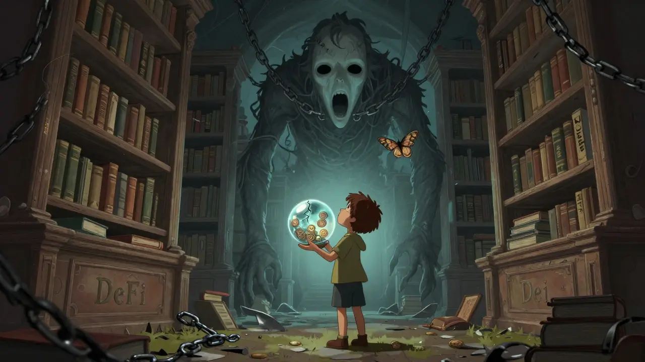 Ein Kind hält eine zerbrochene Kugel mit Kryptos, vor einer leeren Bibliothek, während eine dunkle Gestalt im Hintergrund lauert.