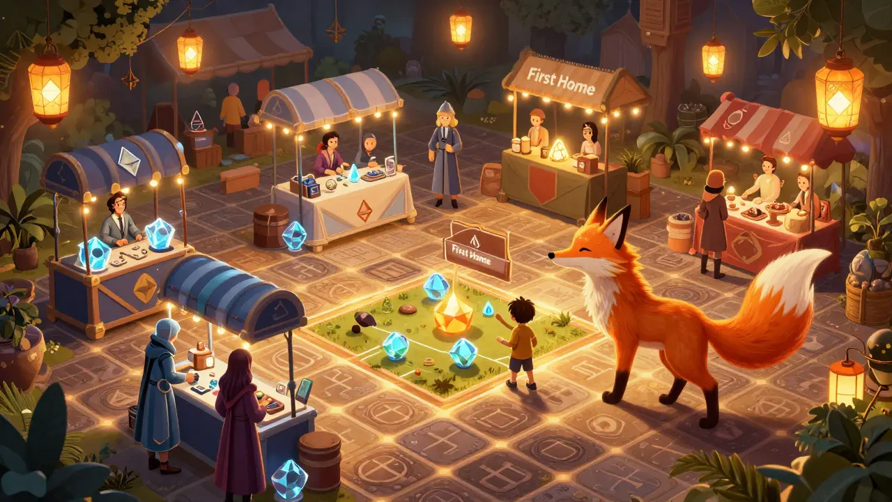 Ein lebendiger virtueller Markt mit Händlern, Avatar-Besuchern und leuchtenden Hexadezimal-Pflastersteinen unter einem goldenen Himmel.