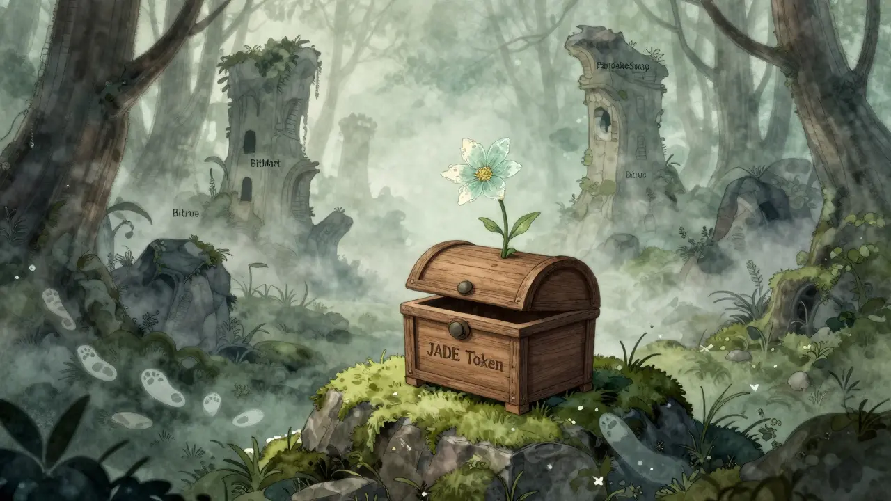 Ein leeres Kästchen mit einer verwelkten Jadeblume in einer verlassenen, moosbedeckten Waldlandschaft.