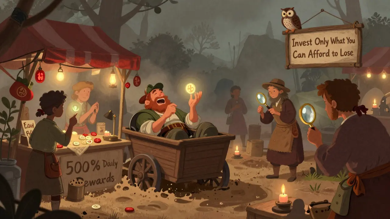 Ein Märktchen mit falschen Angeboten, wo Händler verschwinden, während Besucher vorsichtig Token prüfen.