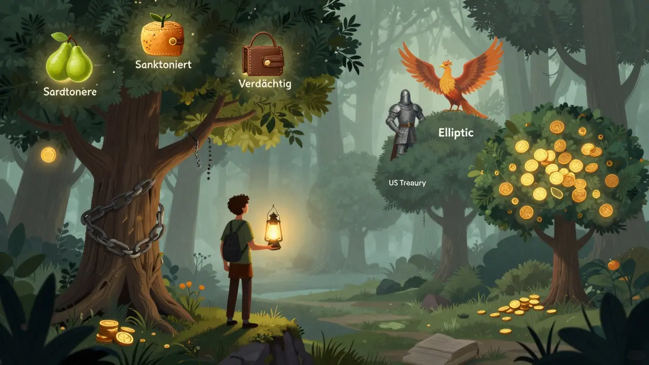 Ein Nutzer mit einer Laterne untersucht einen Wald aus Wallet-Bäumen, einige mit roten Sanktions-Siegeln, andere golden und rein.