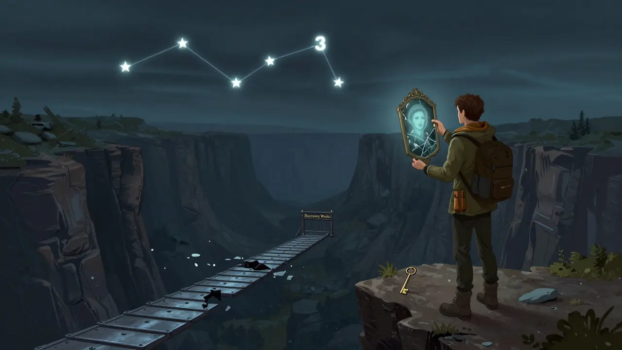 Ein Reisender hält einen einzelnen Schlüssel und einen gesplitterten Spiegel, der sein verlorenes Wallet zeigt, vor einem abgebrochenen Brücke zur Wiederherstellung.