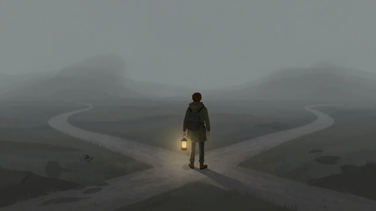 Ein Reisender sieht verfallende Pfade und schaut skeptisch ins Tal.