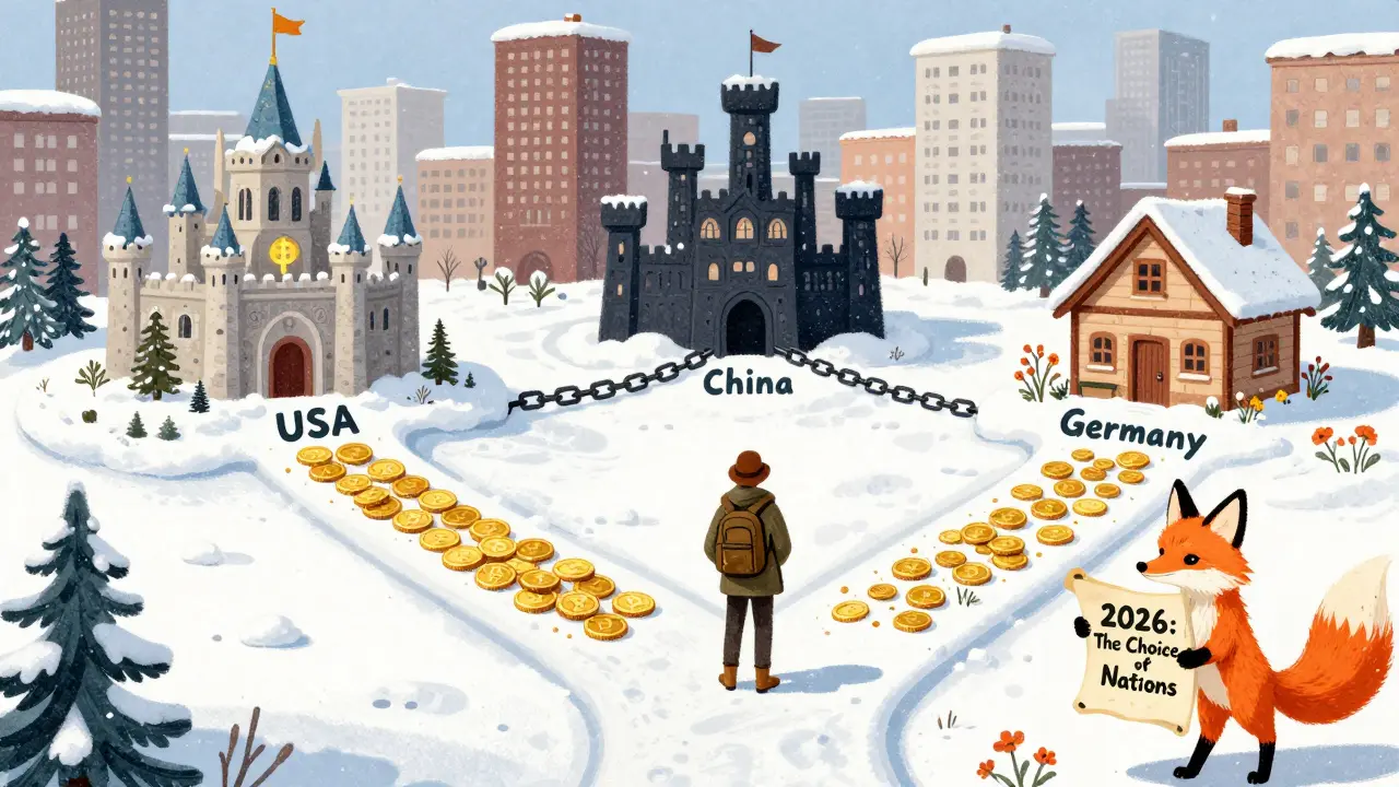 Ein Reisender steht an einer Kreuzung mit drei Wegen, die verschiedene Krypto-Politiken symbolisieren.