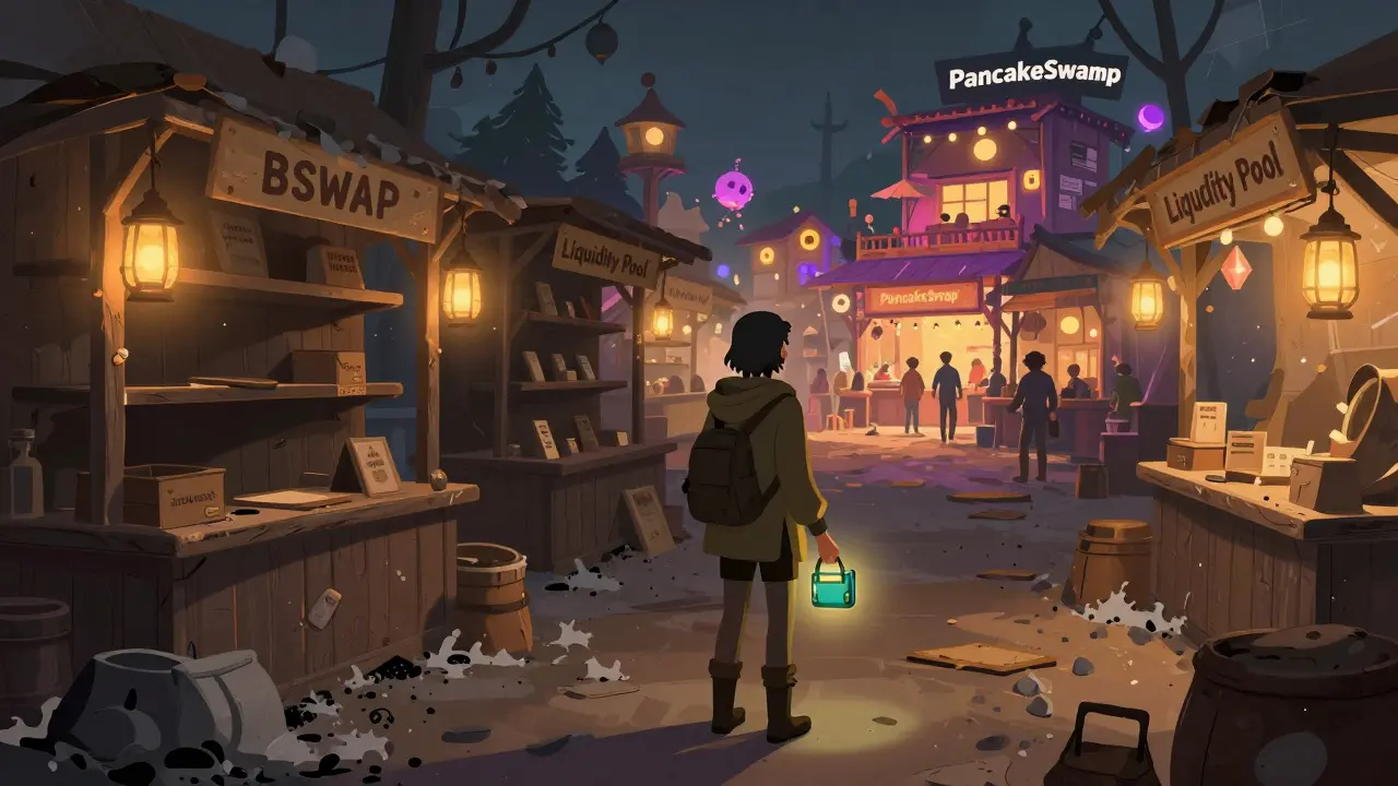 Ein Reisender vor einer leeren, verlassenen Kryptobörse, während in der Ferne eine lebendige Börse leuchtet.