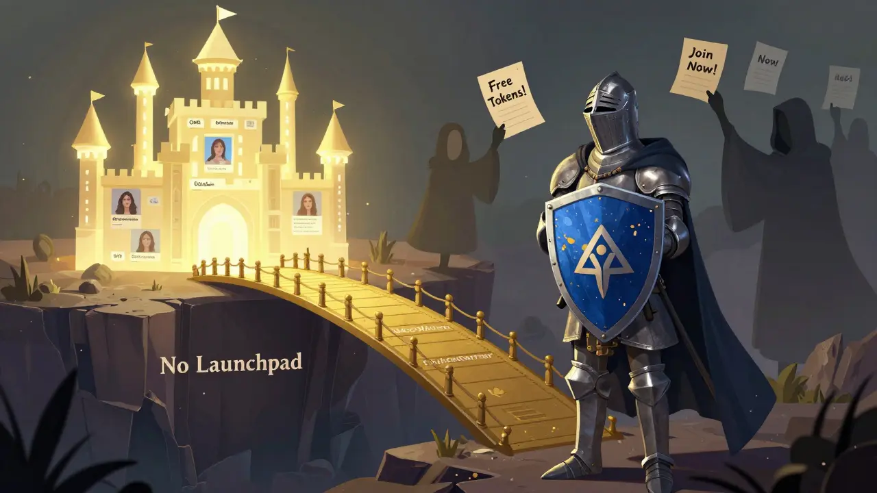 Ein Ritter vor einer Kluft mit falschen Airdrop-Flugblättern, während echte Projekte auf der anderen Seite leuchten.